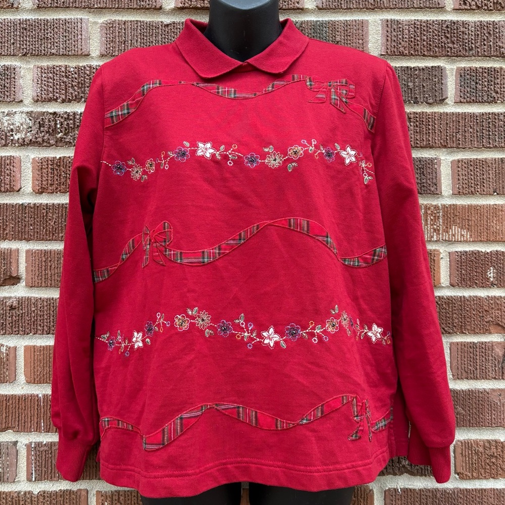 Alfred Dunner Women's Holiday Party Red Floral Embroidered Sweatshirt Top Sz PM